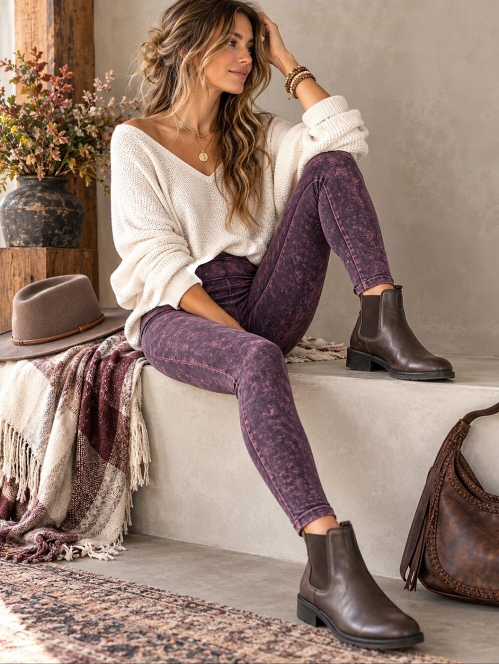 T-Party Wine Mineral Wash Leggings XL Made in USA Foldover Waist CJ72219